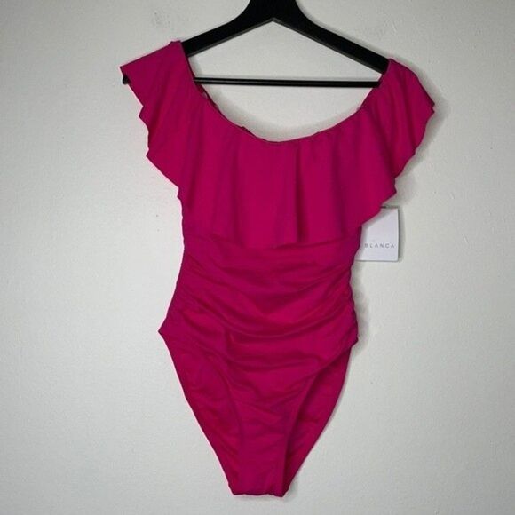 La Blanca Island Goddess Off-The-Shoulder Ruffled Tummy-Control One-Piece Sz 4 - Picture 3 of 10